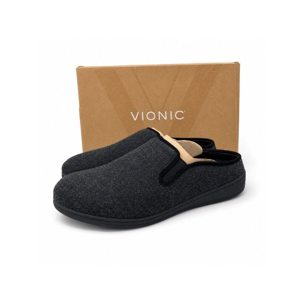 Vionic Unwind Clog Slipper Mens 10.5 Black Wool Arch Support Mule House Shoe